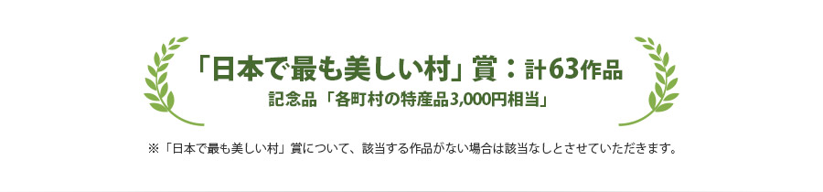 「日本で最も美しい村」賞：計63作品　記念品「各町村の特産品3,000円相当」